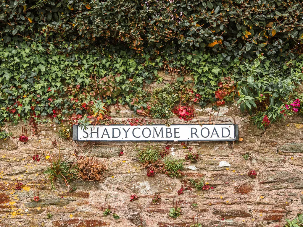 A road sign on a stone and flint wall. The sign says 'Shadycombe Road'.