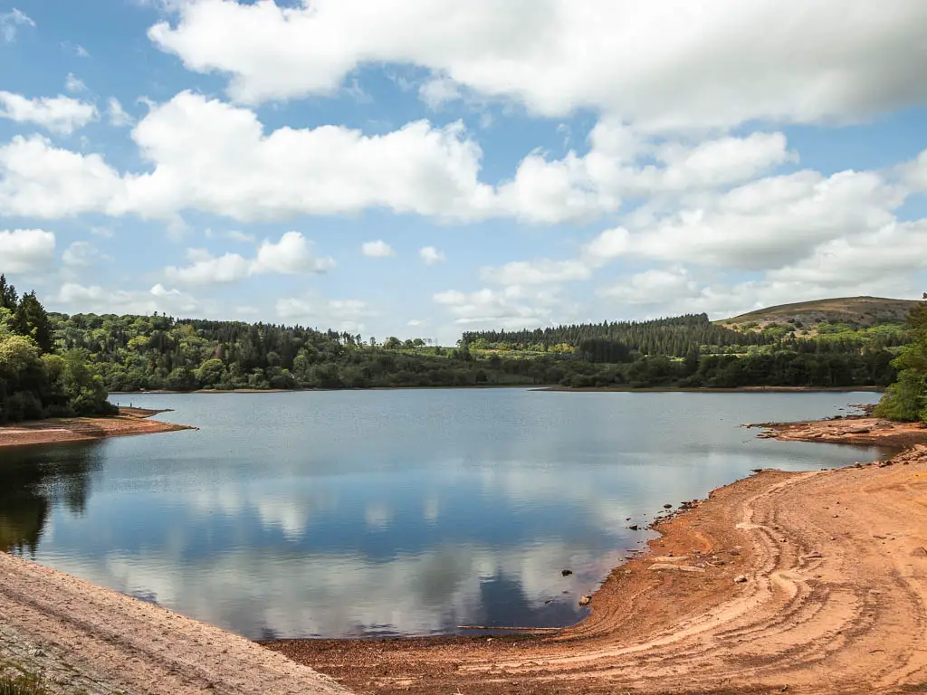 Looking across the calm water of the Burrator Reservoir, part way through the circular walk. There is a dirt bank on this side, and lots of trees on the other.