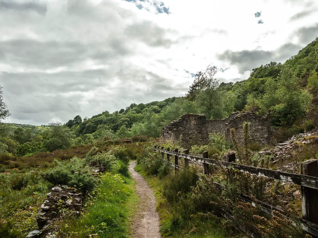 A path running g straight, with some bushes and greenery to the left and a wooden fence to the right. There are ruins of a stone building to the right of the fence.