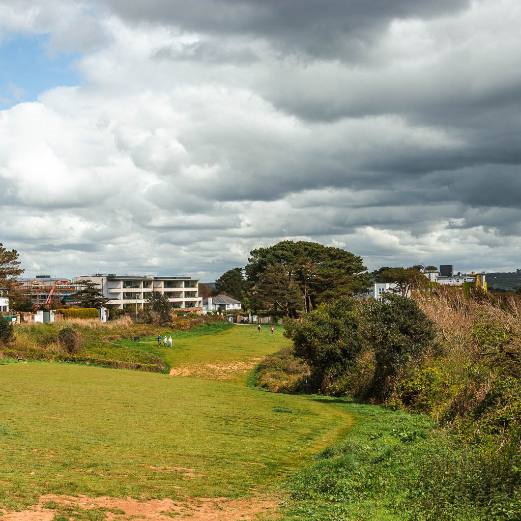 A large green, with some bushes and trees on the right, and apartment buildings ahead to the left.