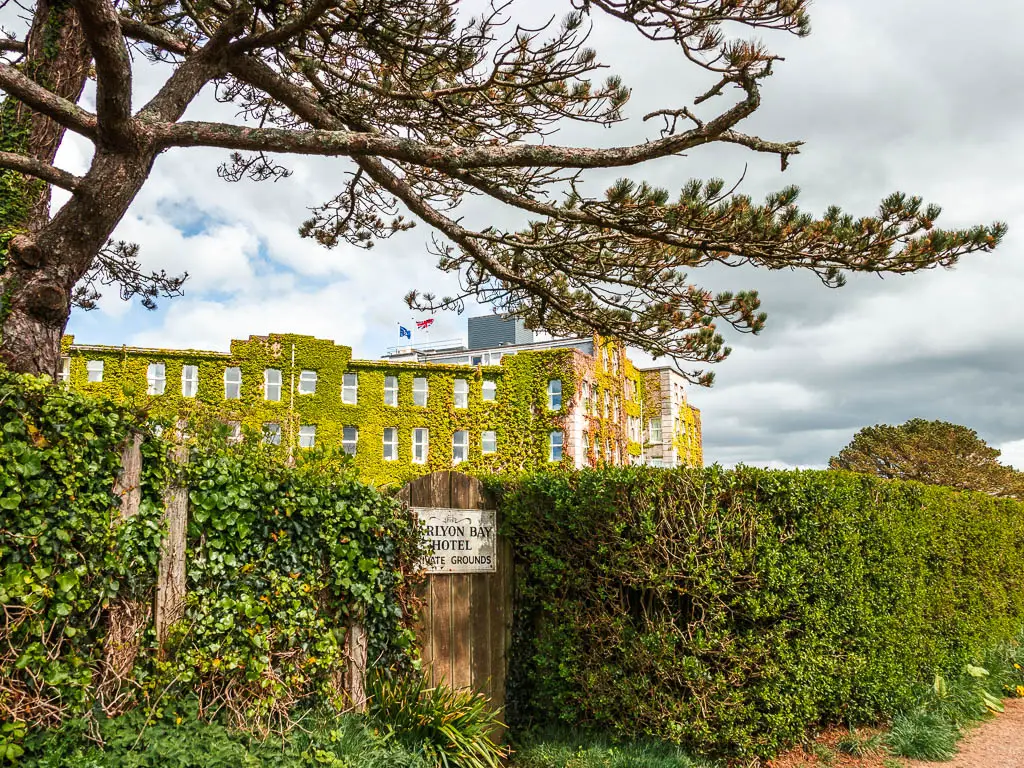 A tall hedge with a wooden door, and part of the fern covered hotel building visible on the other side. 