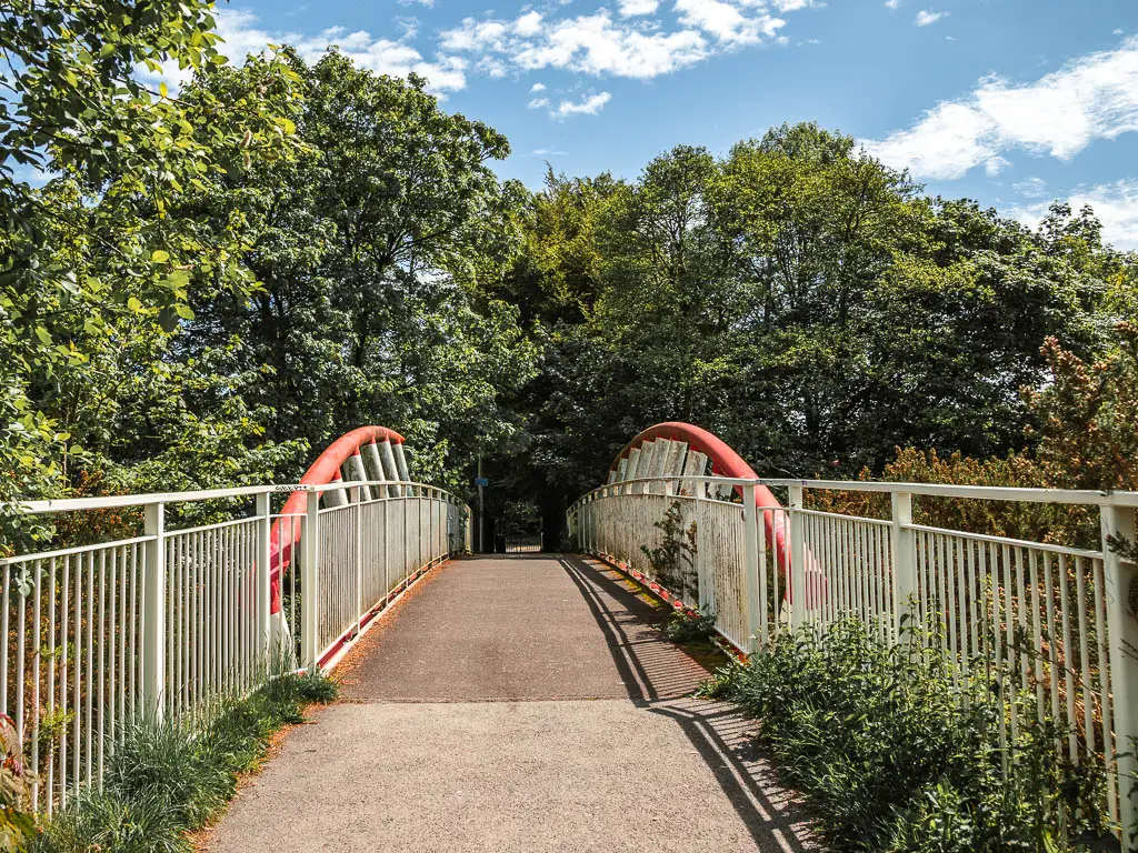 The cycle path turning into a bridge leading towards some trees on the other side. 