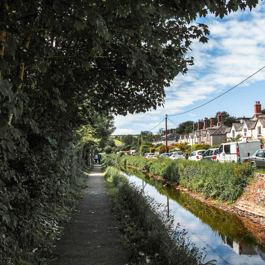 The path with a stream of water to the right and tell hedges and bush to the left. There is a row of houses lining the stream on the other side. 