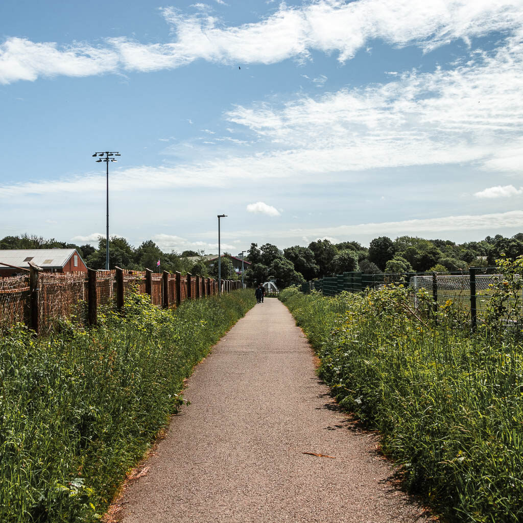 A cycle path with bushes and wire fence on the right, and a wooden fence on the left. 