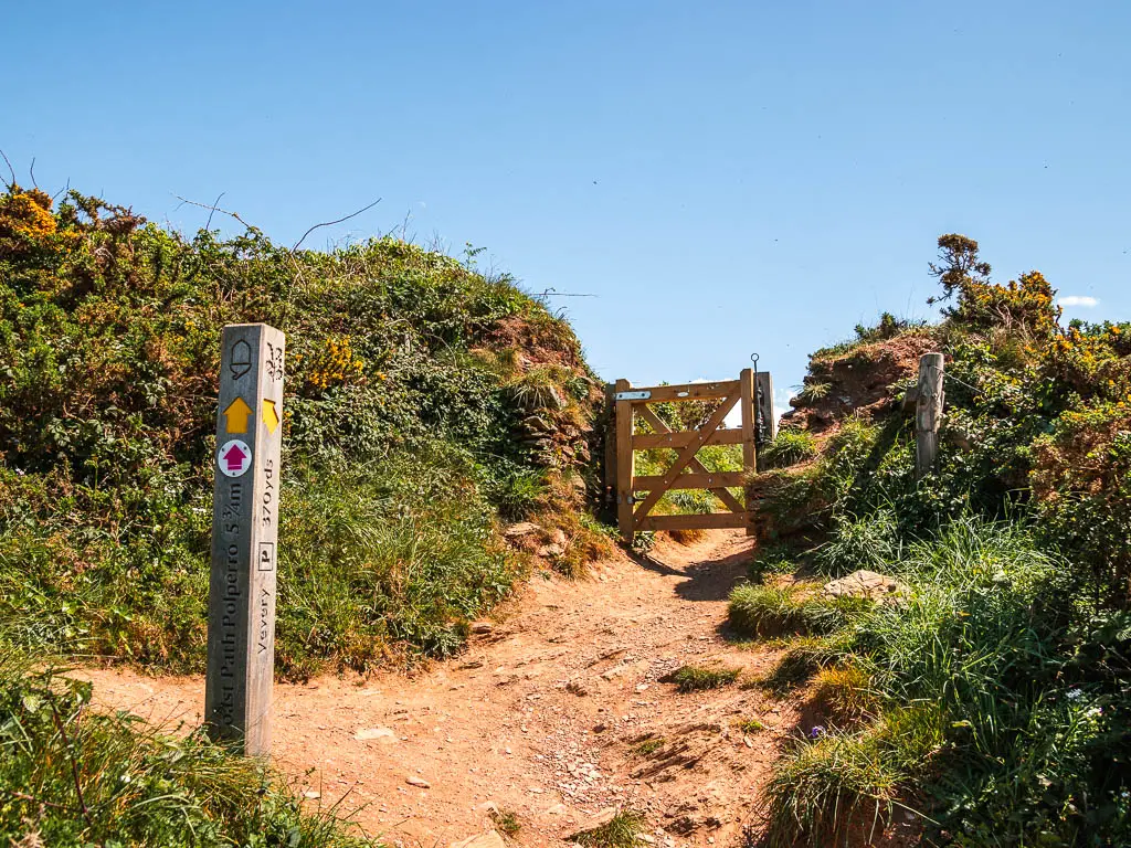 A wooden stump signpost on the left side of a dirt trail, with a yellow across pointing ahead to a wooden gate. The sign points to Polperro. There gate is surrounded by bushes.