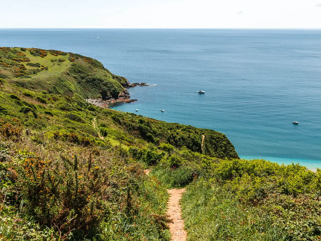 A narrow trail leading downhill, surrounded by grass and bushes and leadings to the undulating grass covered clifftop ahead. The sea is on the right and blue, with a few little boats.