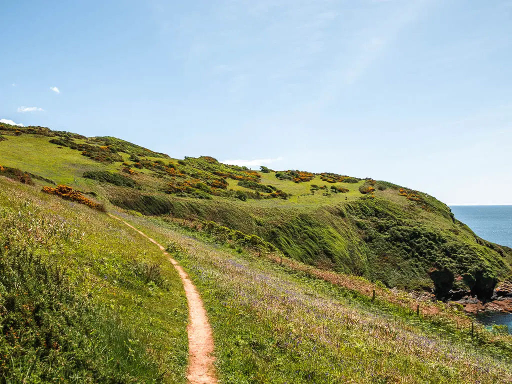 A narrow trail running across the side of a grass hill.