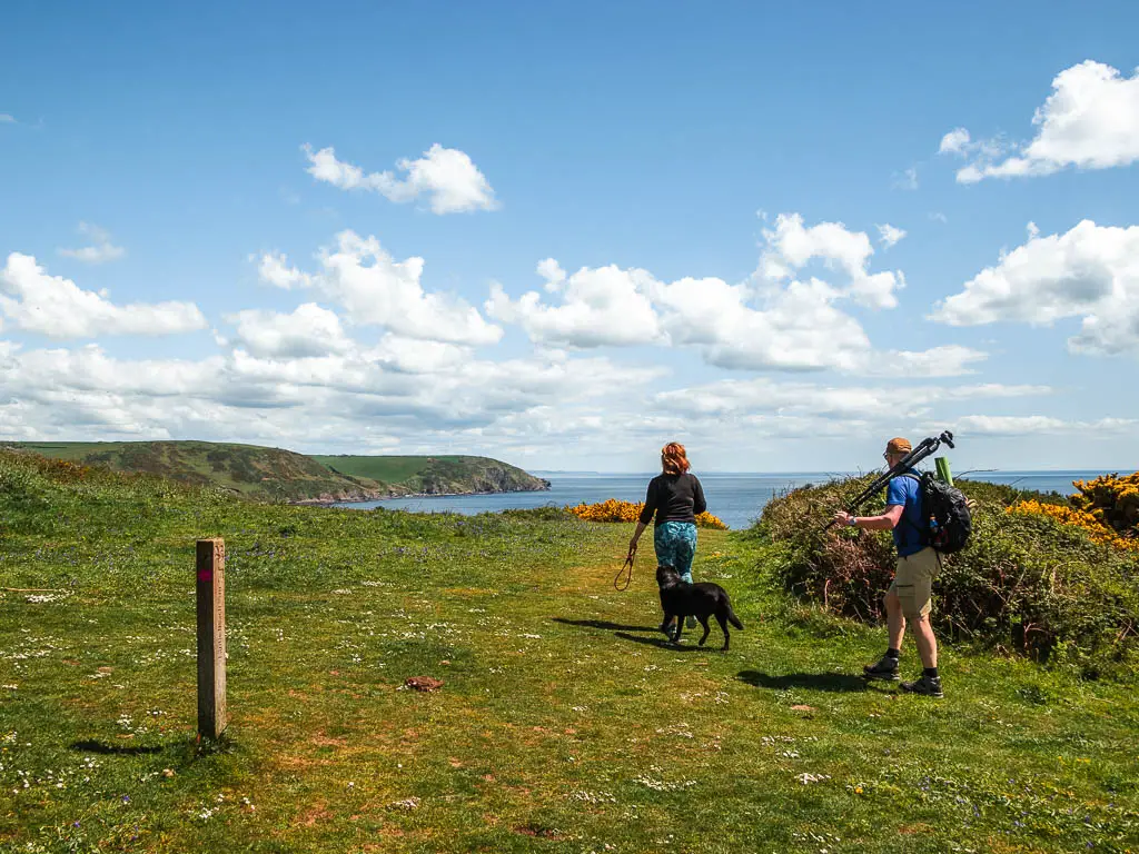 Two people walking with their dog on the grass flat, with a view out to sea on the other side.