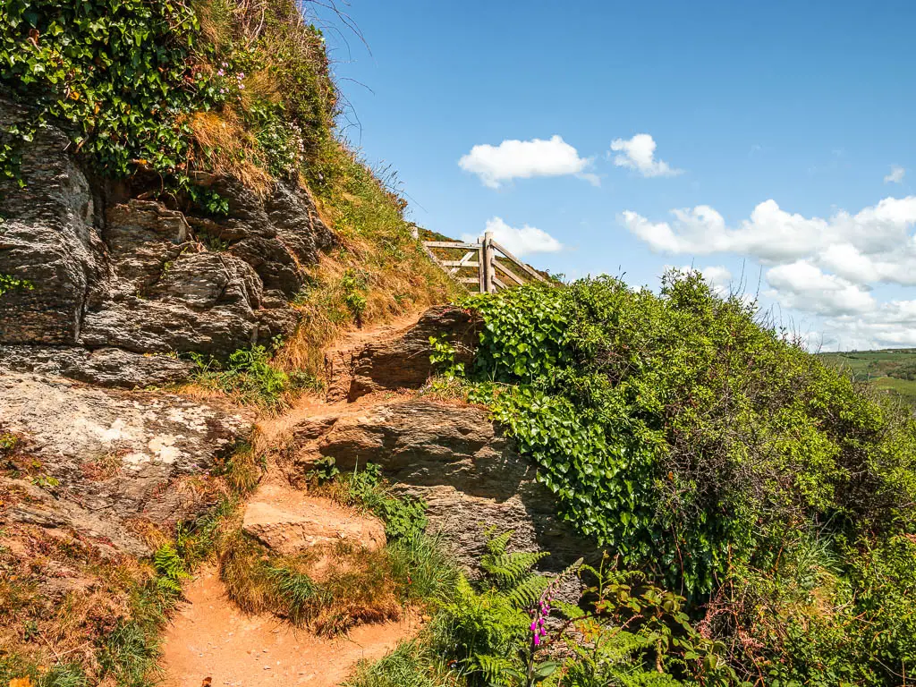 A rocky dirt trail leading uphill, with more rocks on the left and bushes on the right.
