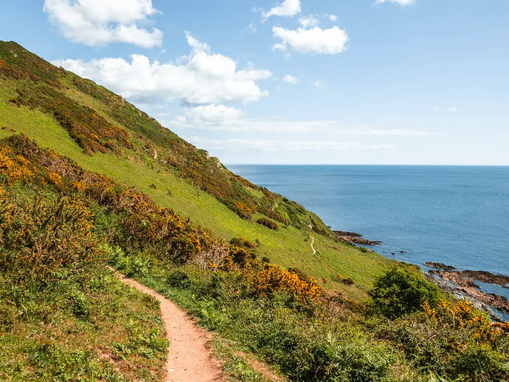 A trail on the left, running along the side of a hill, and a barely visible trail ahead and below along the side of a steep bit of hill.