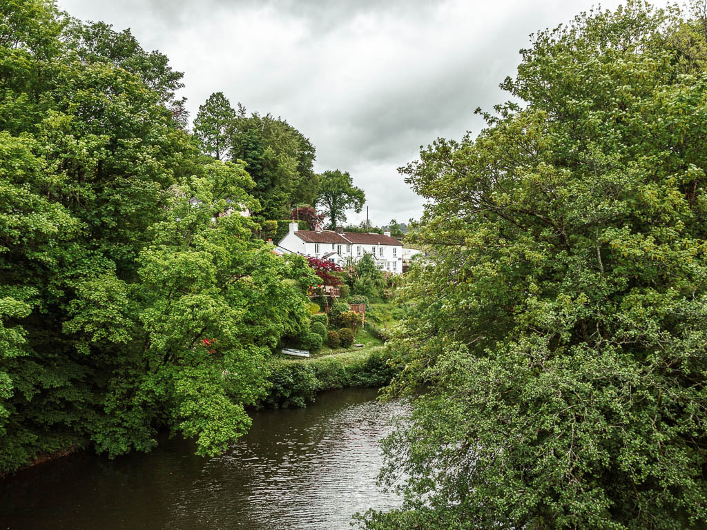 Looking along the river, surround by big bushy trees, and a small white coloured ahead next to the trees.