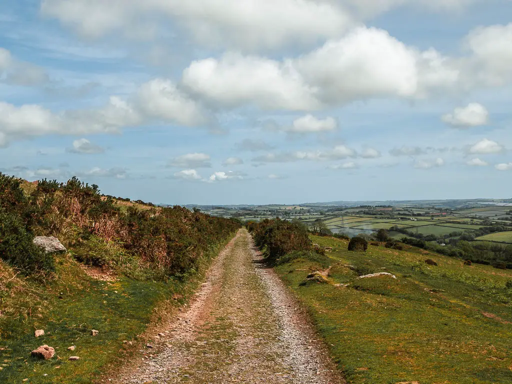 The Redlake Tramway running straight on the Ivybridge Western Beacon walk. There is a downhill to the right of the trail, and some small bushes to the left.