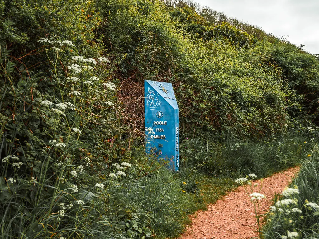 A blue south west coast path sign along the Jennycliff coastal walk. The sign is on the left side of a dirt trail which is lined with bsuhes.