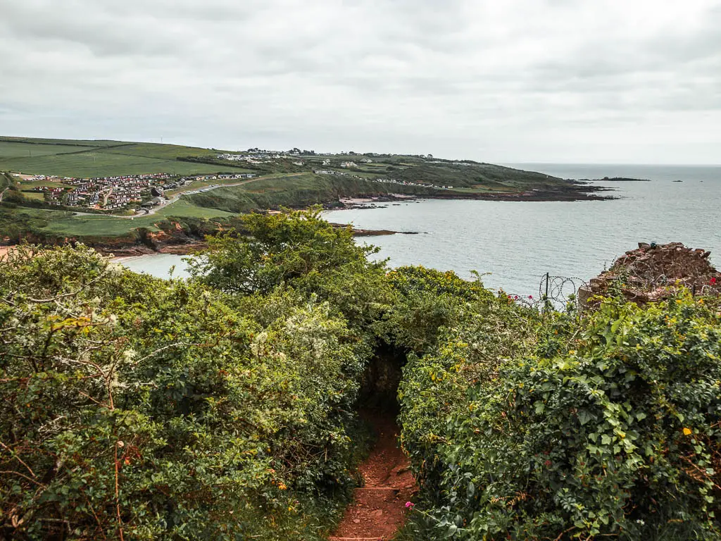 A small dirt trail leading into the bushes on the Jennycliff Coastal walk, with a view to Bovisand in the distance. 