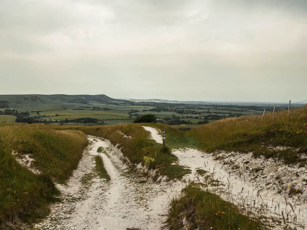 Chalk trails, lined with grass, with a view to the tall south down hill sin the distance,.