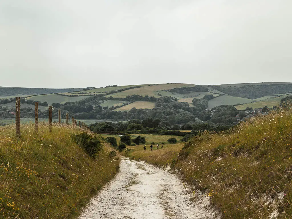 Looking along a wide chalk path carved into a ditch on the Long Man of Wilmington walk. There is a view to the rolling green hills ahead. 