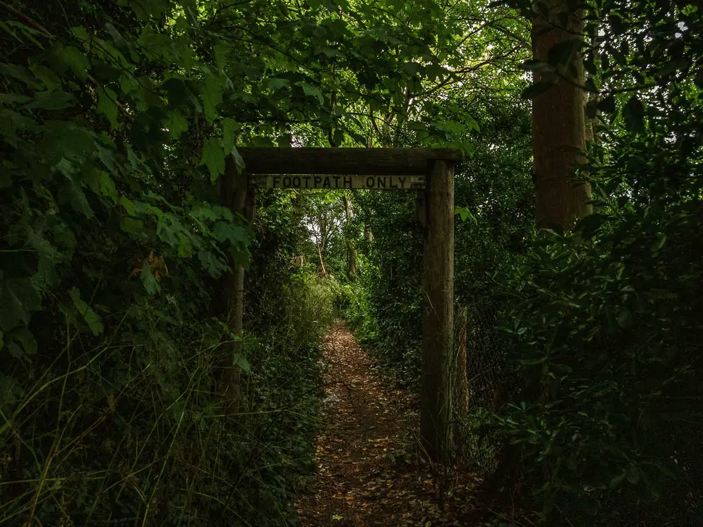 A wooden arch in the woods, which says 'footpath only'. 