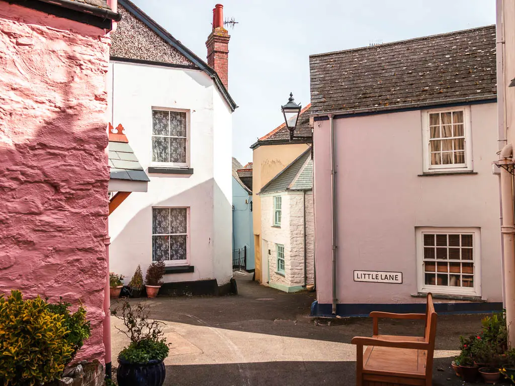 Looking down the alley type road along the pastel coloured houses of Kingsand, on the circular walk from Mount Edgcumbe country park.