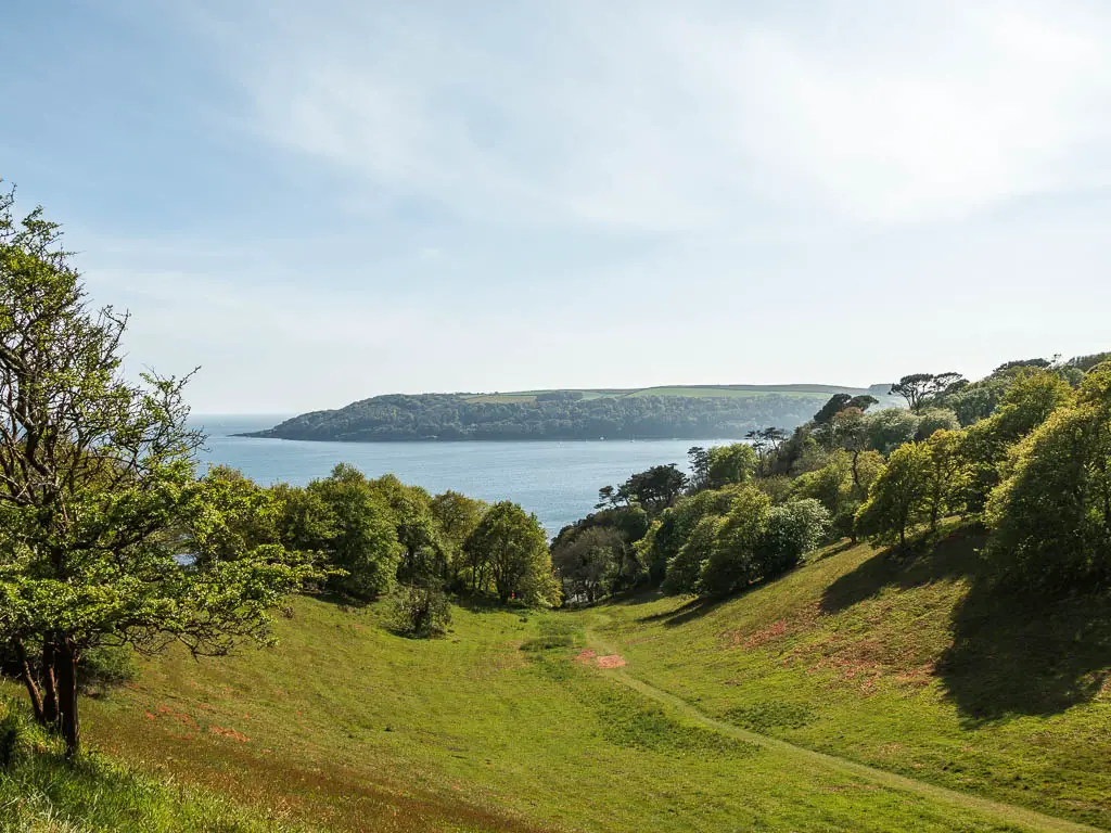 Looking down through the green grass hill valley, with some trees at the bottom on the other side and the blue sea beyond that.