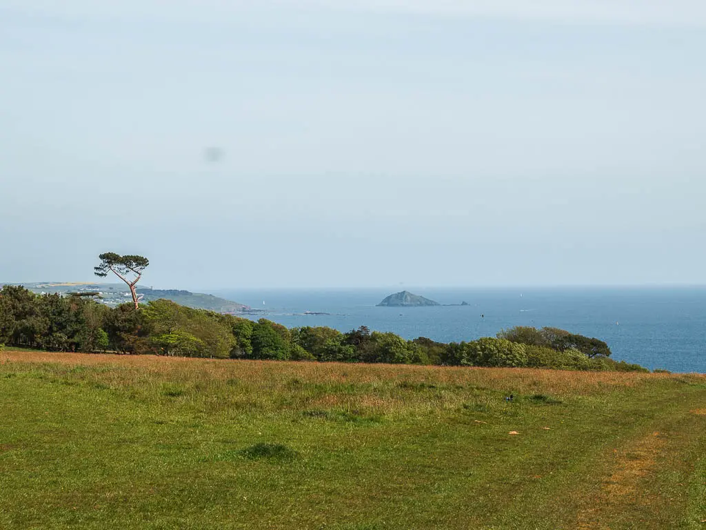 Looking across the field to the blue sea in the distance and a small island in the sea, on the Mount Edgcumbe to Kingsand circular walk.