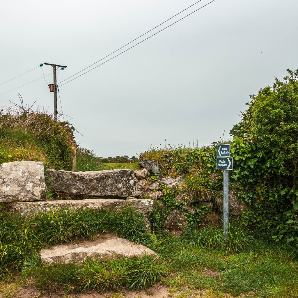 Stone steps leading into a field. There is a green footpath sign to the right of the steps. 