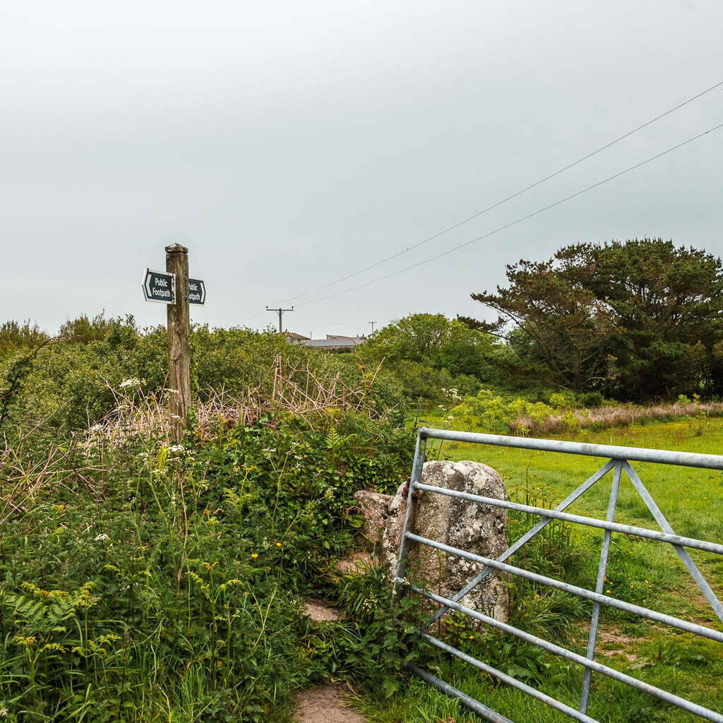 A metal gate on the right, with a field on the other side. There is a wooden trail signpost with a green footpath sign next to the gate.