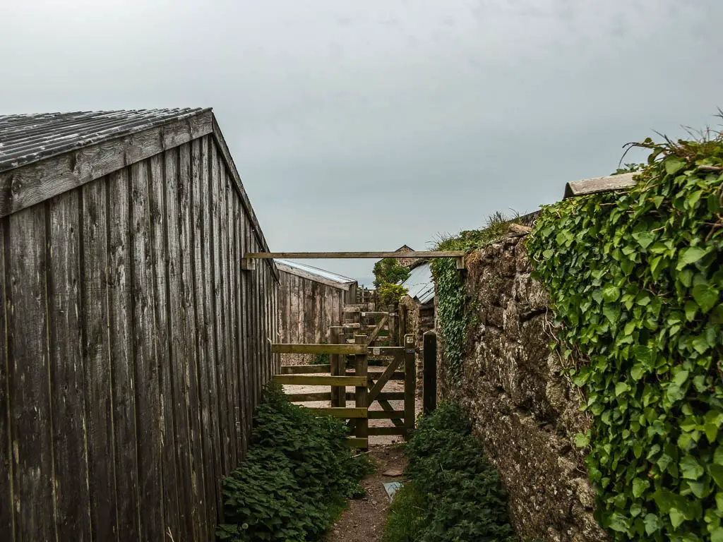 The trail with farm buildings on the left and stone wall on the right. There is a wooden gate ahead. 