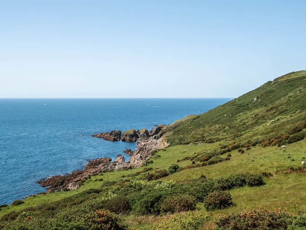 Looking down the grass hill to some rocks at the bottom as the hill meets the sea.