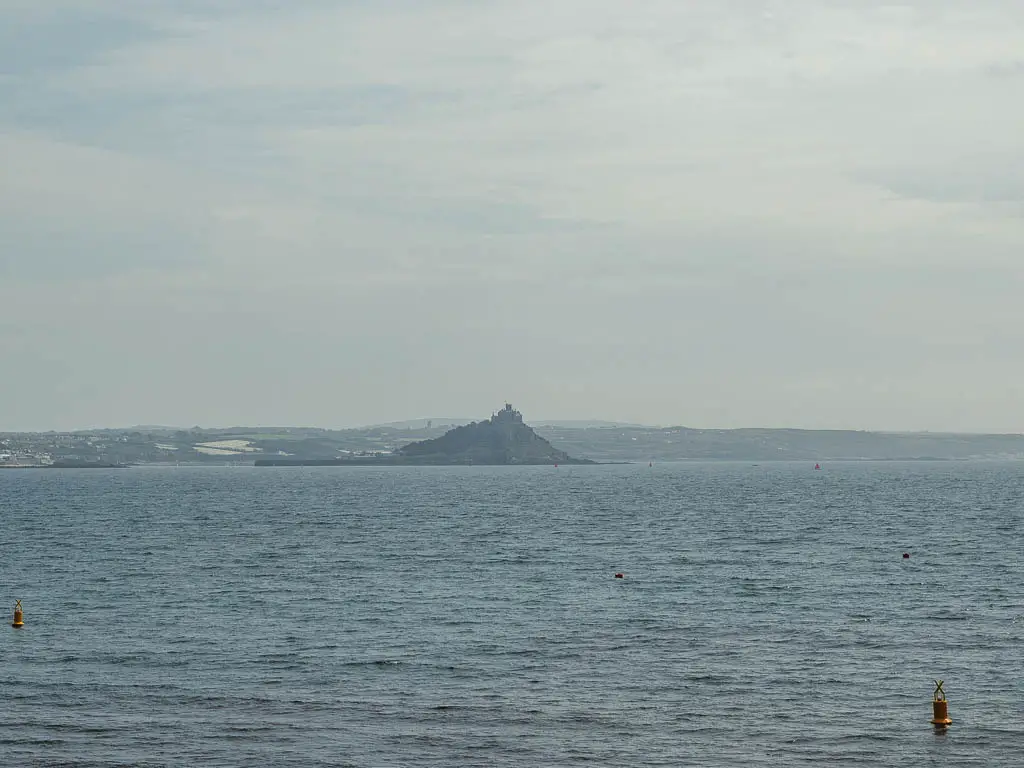 Looking across the sea towards St Michaels Mount, through the mist, on the walk from Penzance to Mousehole.