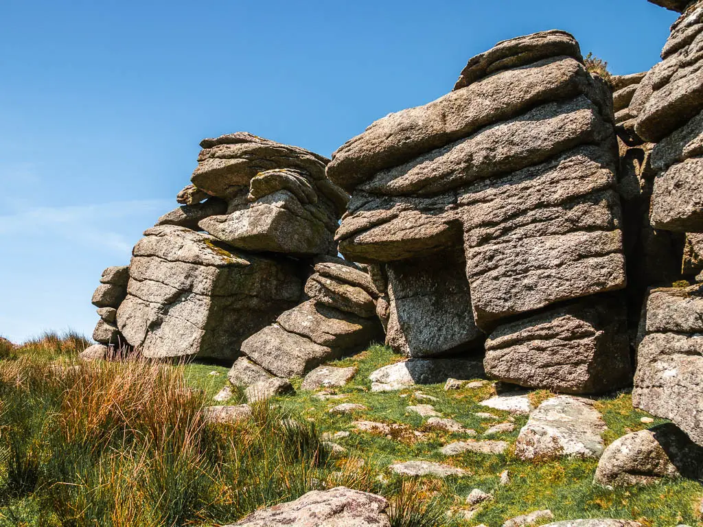 The large looming rocks of King's Tor on the Princetown Railway walk.