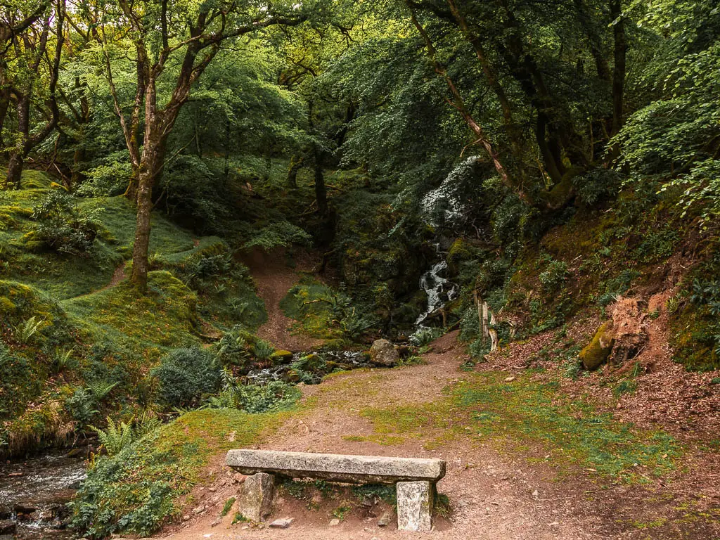 A stone bench facing the banks of a hill, with a waterfall running down, near the end of the Sheepstor circular walk.