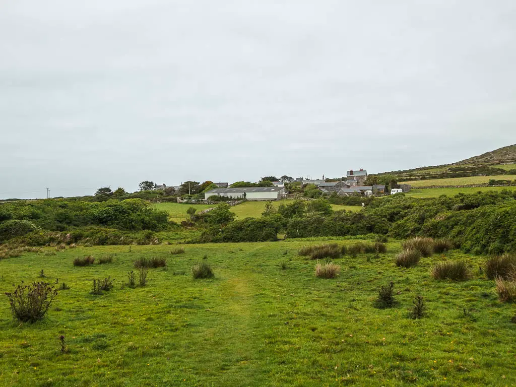 A large grass field with tufts of longer grass, and a cluster of houses ahead, on the walk back to St Ives from Zennor.