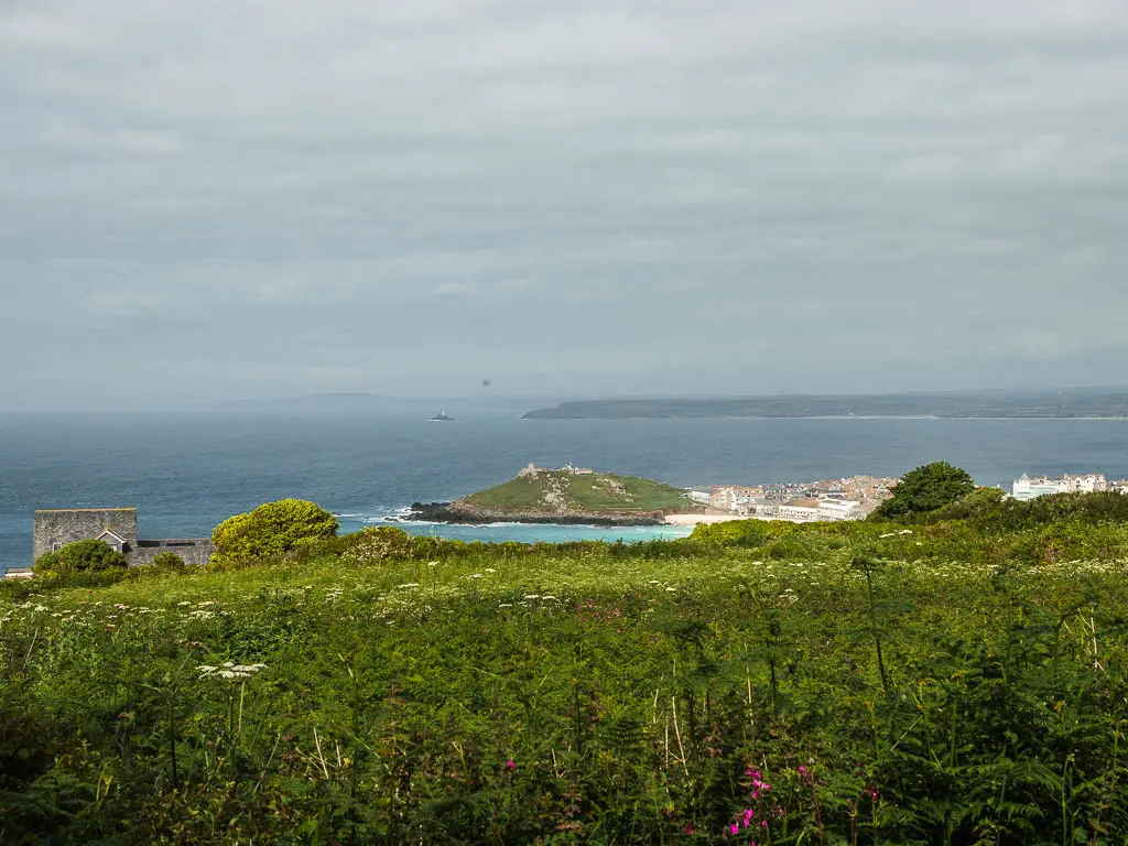 Looking across the field of green with a few white and pink flowers to the sea and a peninsular of St Ives ahead, near the end of the walk back from Zennor.