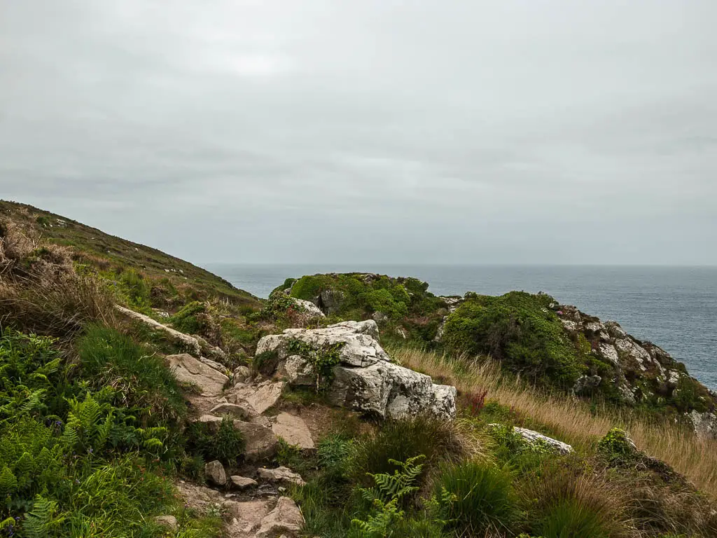 Rocks covering the trail, surrounded by lots of unkept grass and greenery. The sea is to the right.