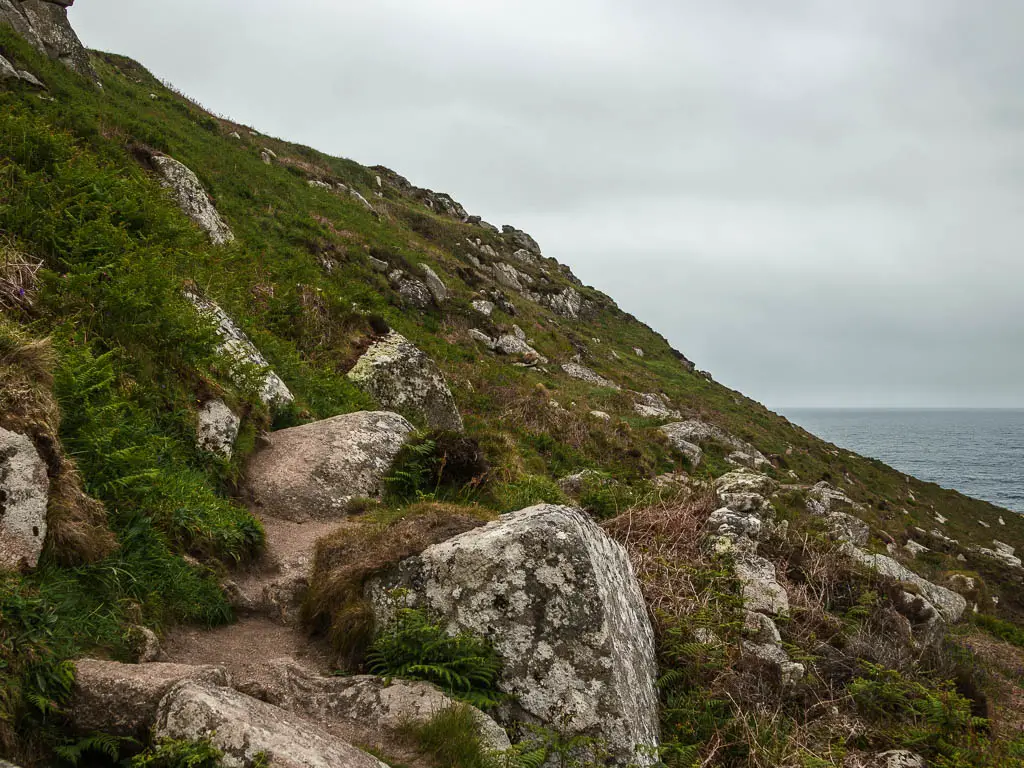 A trail leading up the side of a hill, covered in boulders.