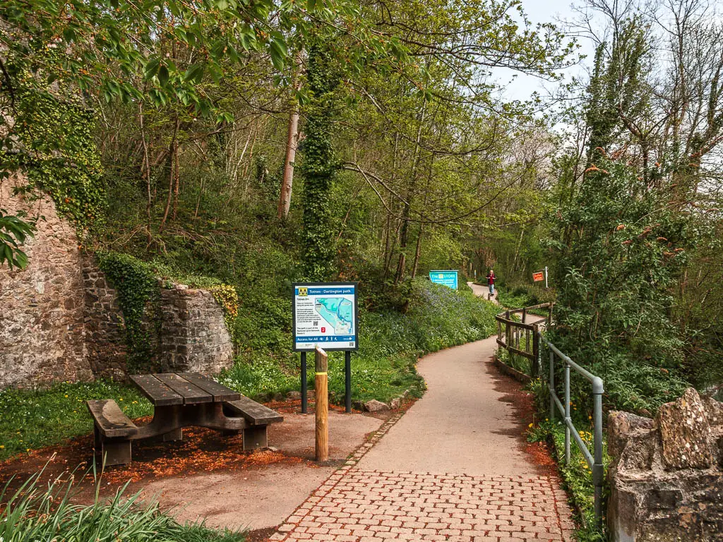A path with a wooden bench and information board on the right, and the woodland ahead.