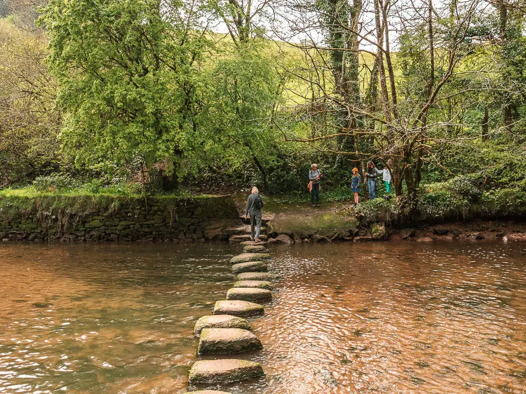 Stepping stones across the river along the Dart valley Trail with a person walking across them. There are some people on the other side of the river.