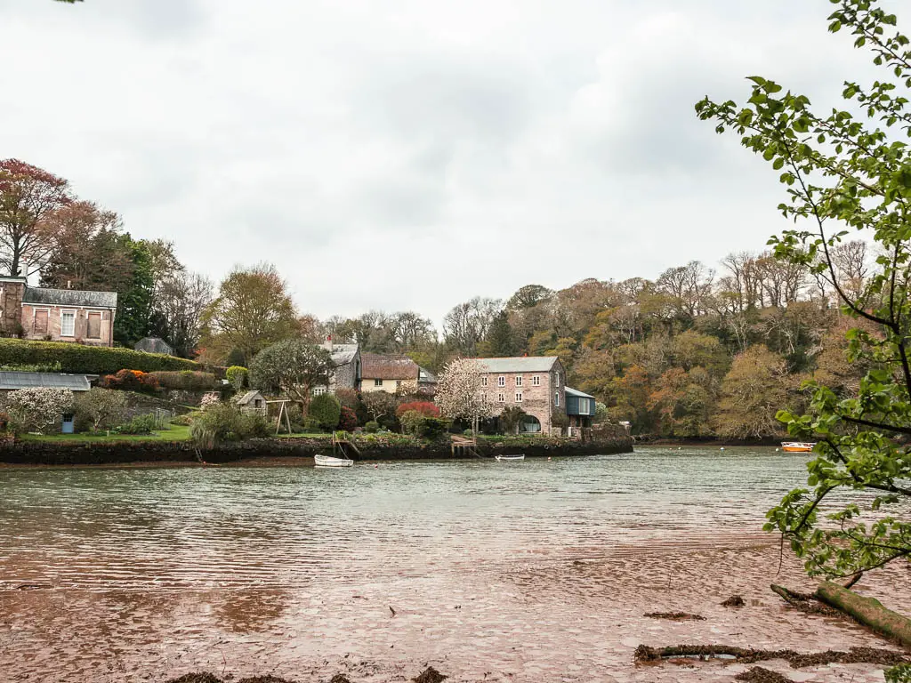 Looking across the river to a small village with cottages on the other side.