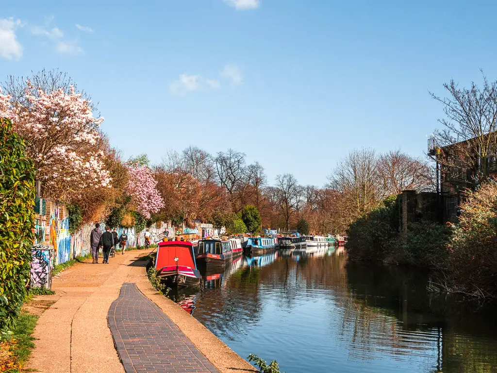 A path to the left of the canal, lined with moored barges on the regents canal walk. There is a wall to the left of the path with trees and pink flowers poking over the top.