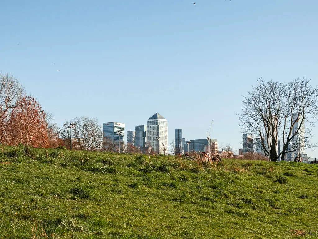 A hill green with lots of skyscrapers of Canary Wharf in the distance on the other side, against a back drop of blue sky. 