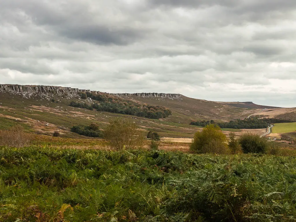 Looking across the green fern to a hill with the rock cliff face of Stanage Edge running along the top.
