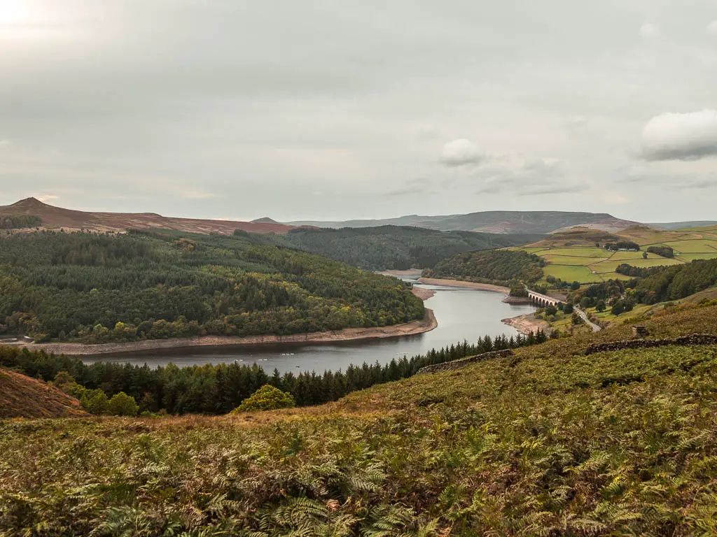 Looking down the hill to the valley and the Ladybower Reservoir on the circular Bamford Edge walk.