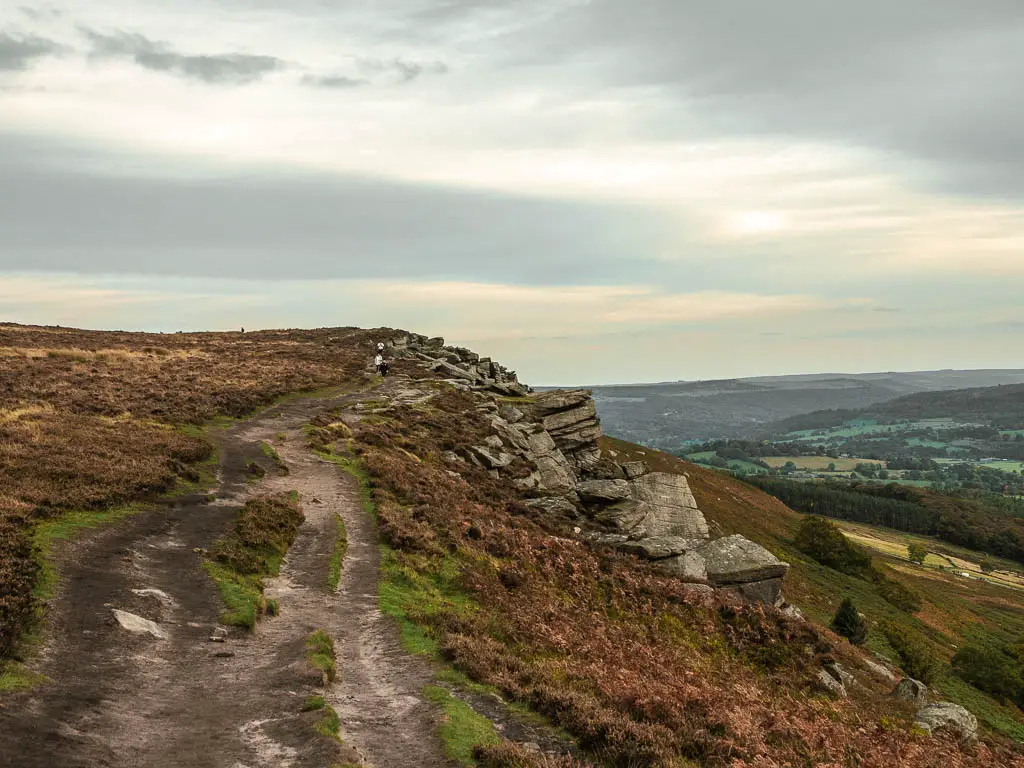 A dirt trail on the left with the rock face of Bamford Edge on the right, on the circular walk.