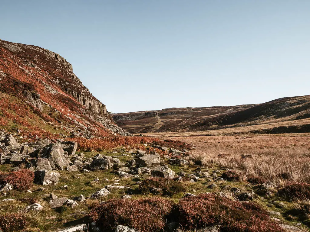 Looking along the grass covered in rocks, with a hill to the left when walking in the North Pennines.