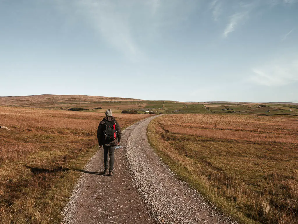 A man walking along a gravel road through the large field.