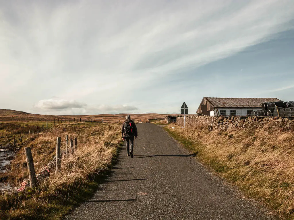 A man walking along the tarmac road with tall grass banks, and a cottage ahead to the right.