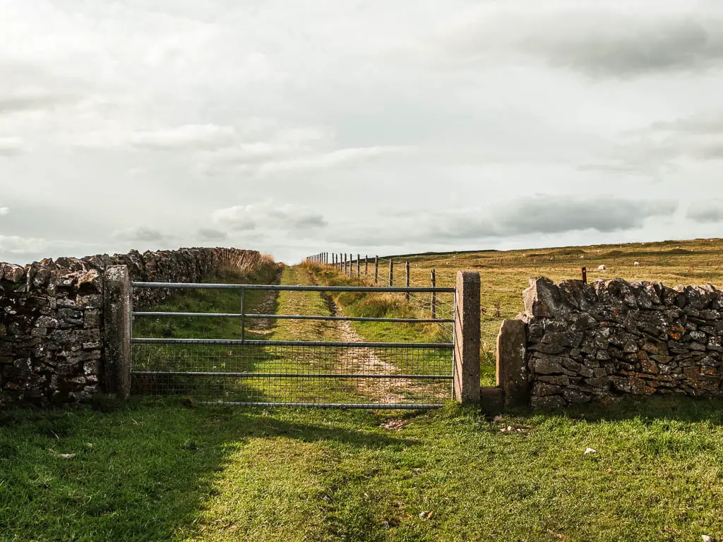 A metal gate between the stone wall, with a trail on the other side.