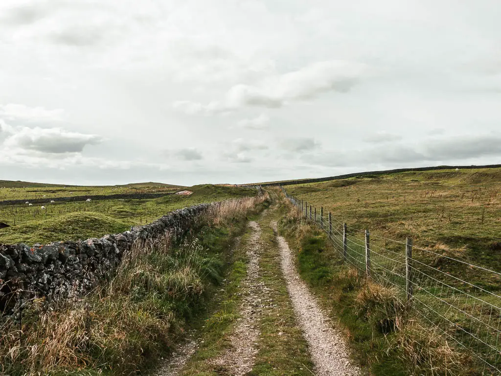 A stoney track with a stone wall on the left and wire fence on the right.