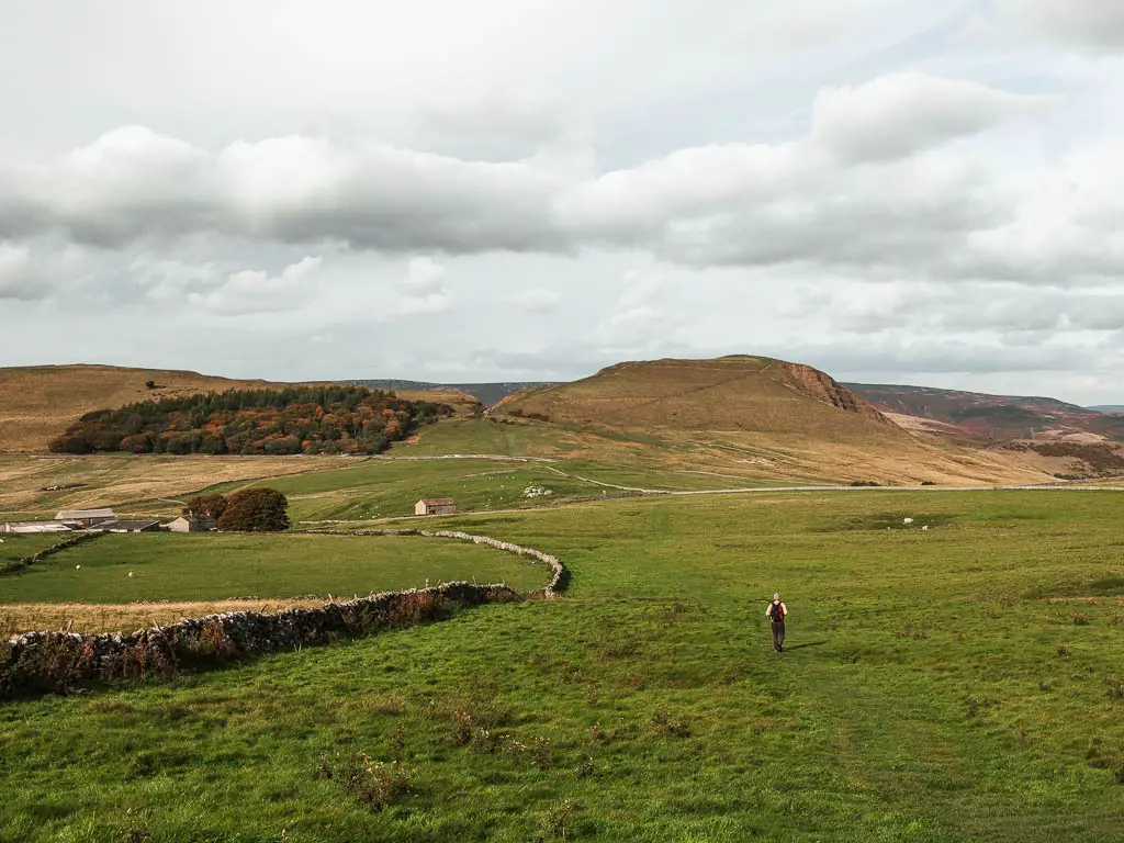 A large grass field, with a stone wall on the left and Mam Tor rising up ahead in the distance near the end of the circular walk route. There is a man walking through the field.