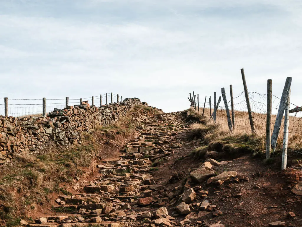 A rocky path leading steeply uphill, with a stone wall to the left and a wooden and wire fence on the right.